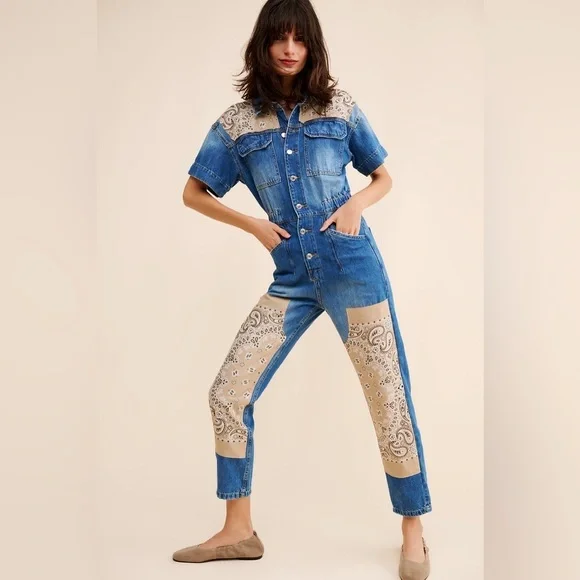 New! Free People x Tricia Fix Tan Bandana Patchwork Blue Denim Jumpsuit💙 Medium - Picture 2 of 13
